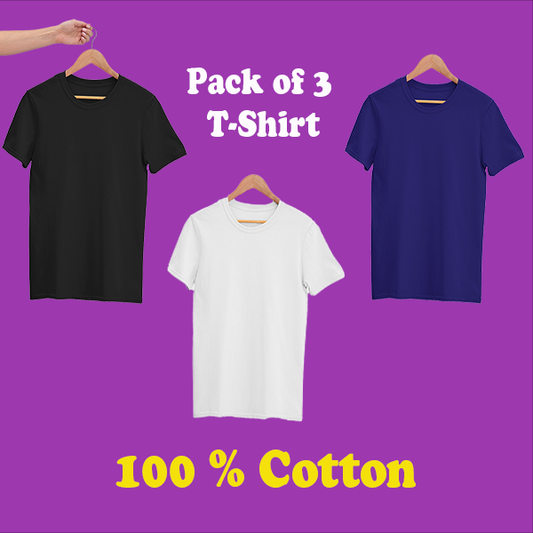 Pack of 3 – 100% Cotton Men’s Round Neck half T-Shirts (White, Black, Navy)